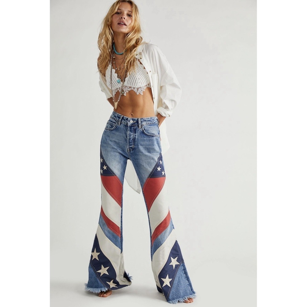 Free People American Flag Super Flare Jeans 25 NWT Rare Boho Y2K Bell Bottoms